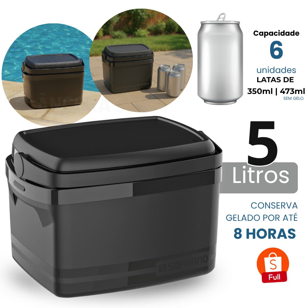 Caixa Térmica Porta Latas e Garrafa 5 Litros com Alça Soprano Cooler Térmico Preto