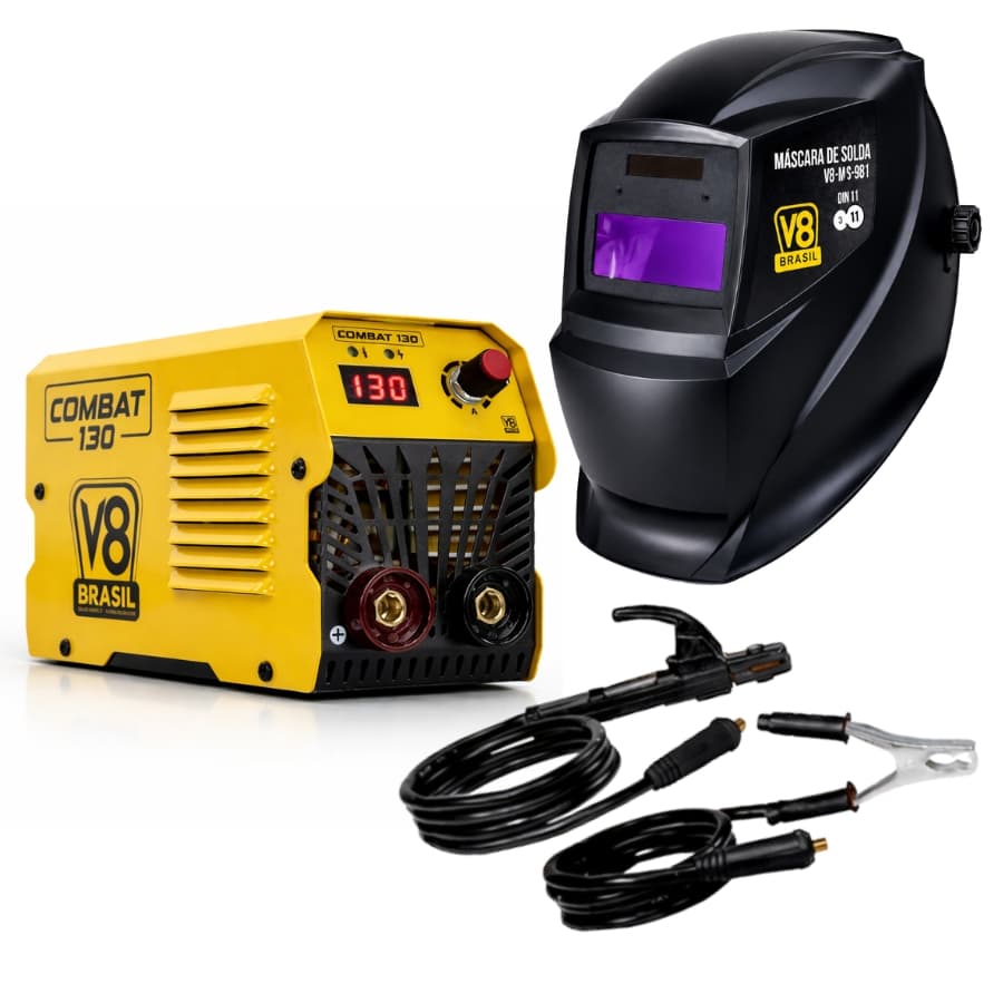 KIT Soldador Máquina de Solda MMA Eletrodo 130A 220V + Máscara Automática SR1 - V8 Brasil
