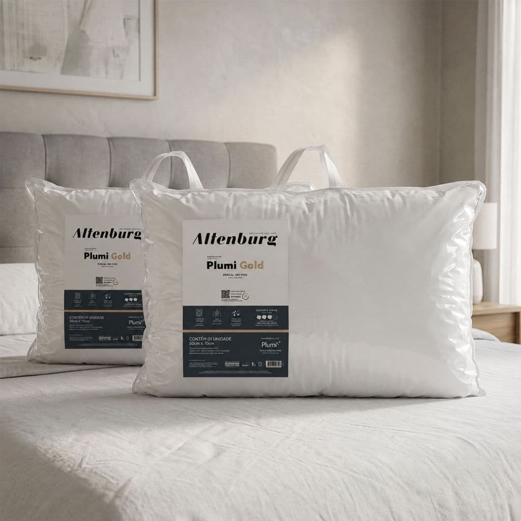 Kit 2 Travesseiros Altenburg Toque de Pluma Suporte Firme Hotel 180 fios 100% algodão Macio Plumi Gold Antialérgico