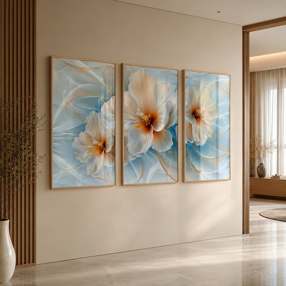 Quadro Florescer da Tranquilidade 3 Telas com Moldura Para Quarta Sala