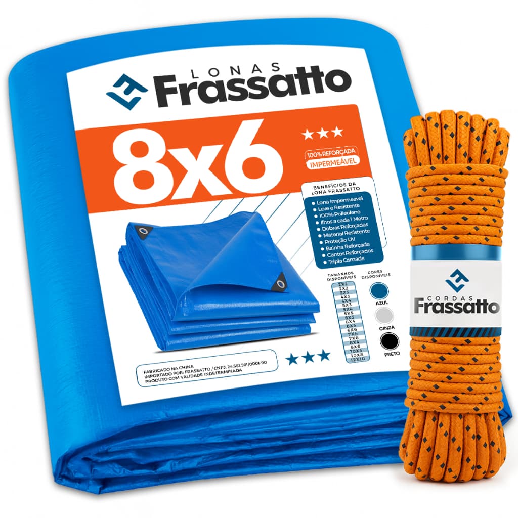 Lona Impermeavel 8x6 ou 6x8 Azul Reforçada Multiuso Piscina Proteção Uv Com Ilhós Frassatto + Corda