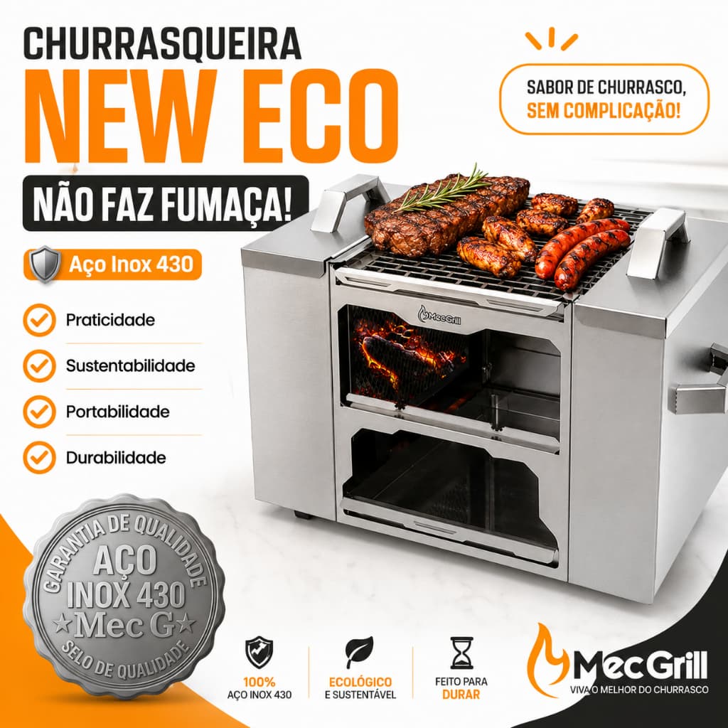 Churrasqueira Portátil a Carvão Aço Inox Ecológica Para Apartamento Sem Fumaça 50x40cm Mec Grill