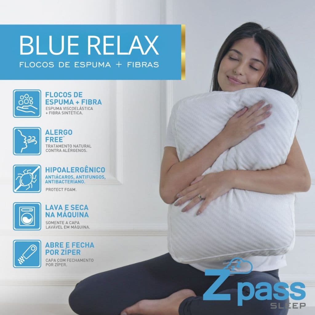 Travesseiro Nasa Regulável Flocos e Pluma Sintética Antialérgica Capa removível Blue Relax Z Pass