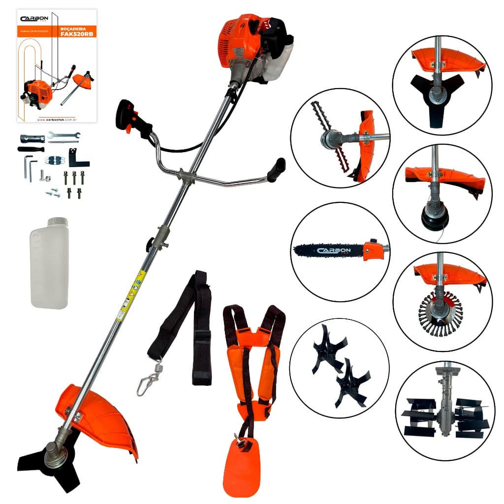 Roçadeira 52cc 2,5HP Gasolina Bipartida com Enxada Capinadeira + Lâminas de Arado e Kit Multifuncional Carbon Fak