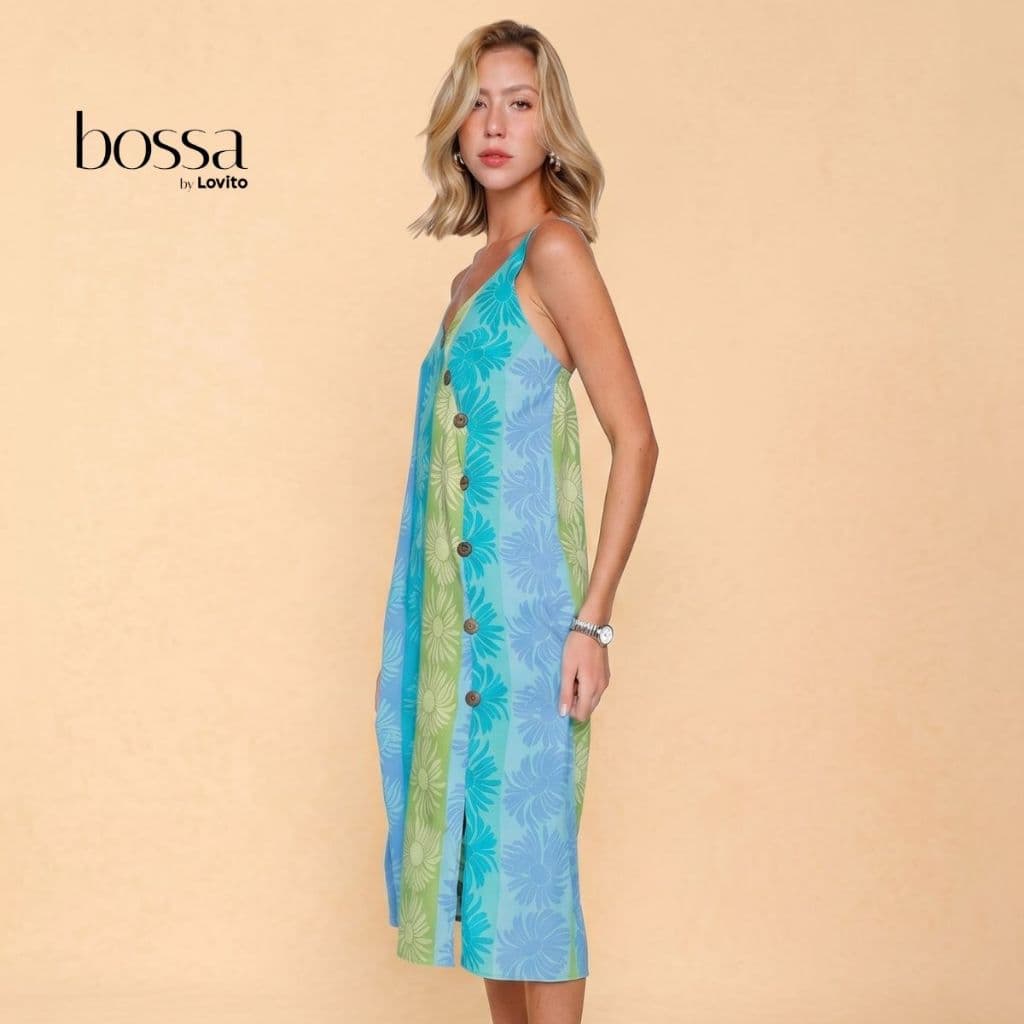 Lovito Bossa Vestido Midi Feminino em Viscose com Botões Frontais DRB16841714