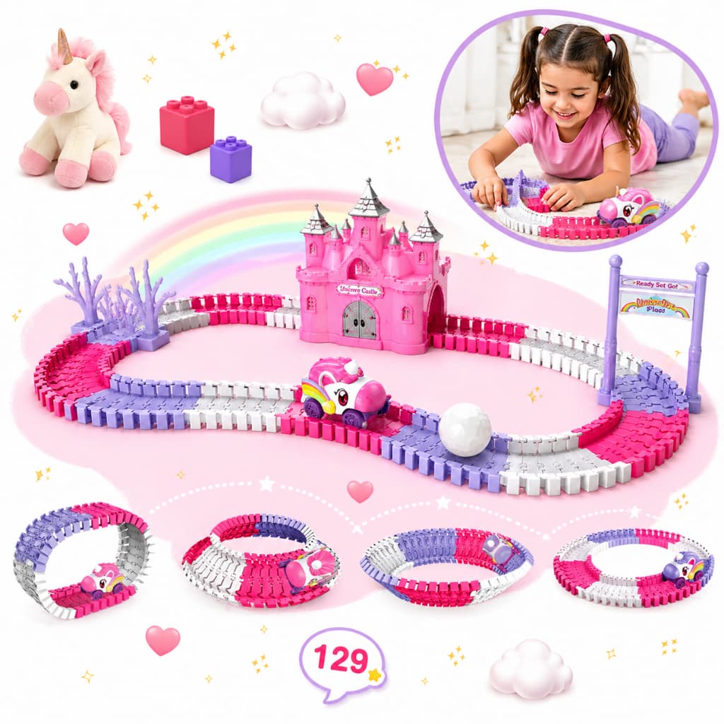 Pista De Corrida Unicórnio Infantil 129 Peças Com Carrinho Brinquedo Montável Educativo Kizumba
