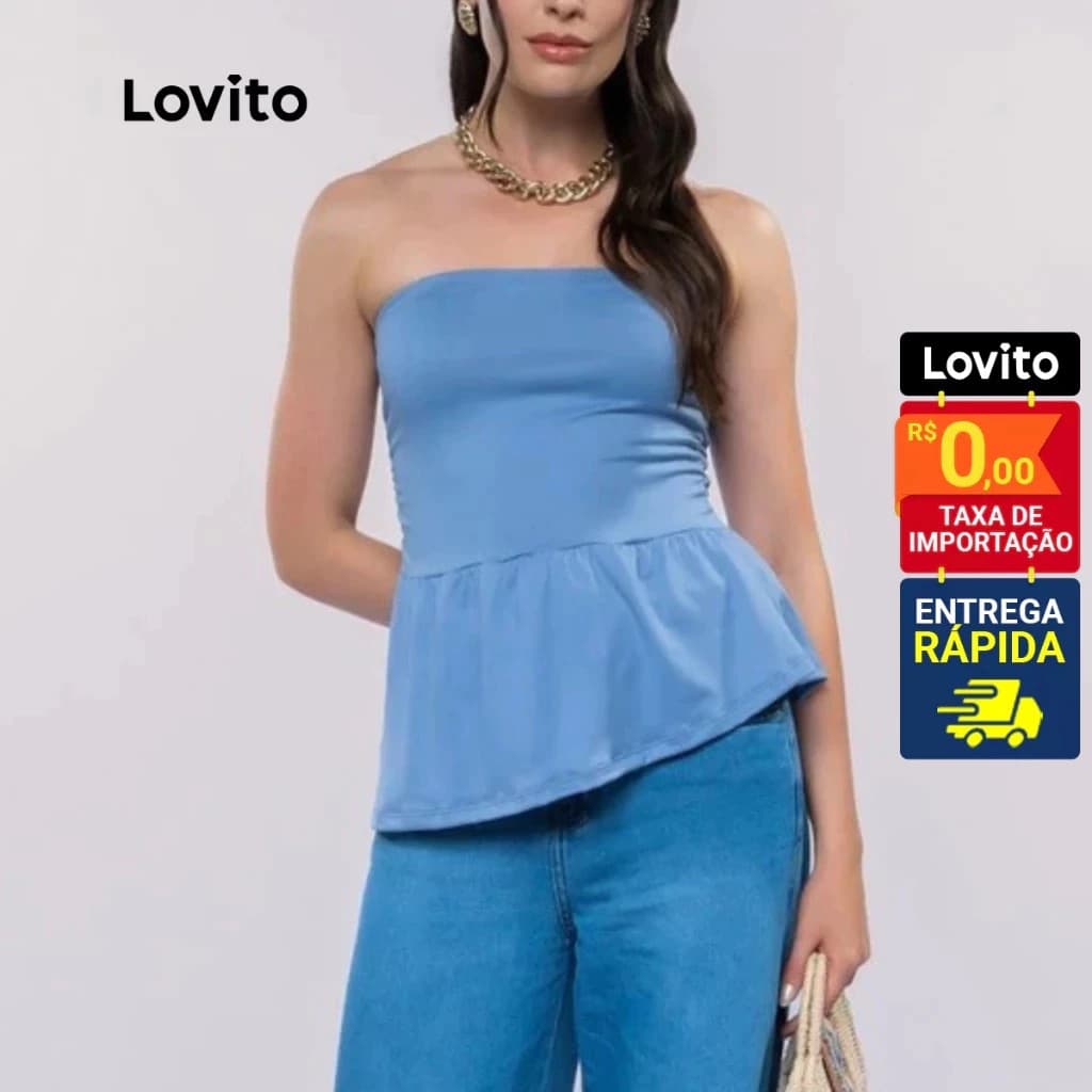 Lovito Blusa Casual Sem Mangas Azul Moda Feminina com Babado BRTKB977BRL1007