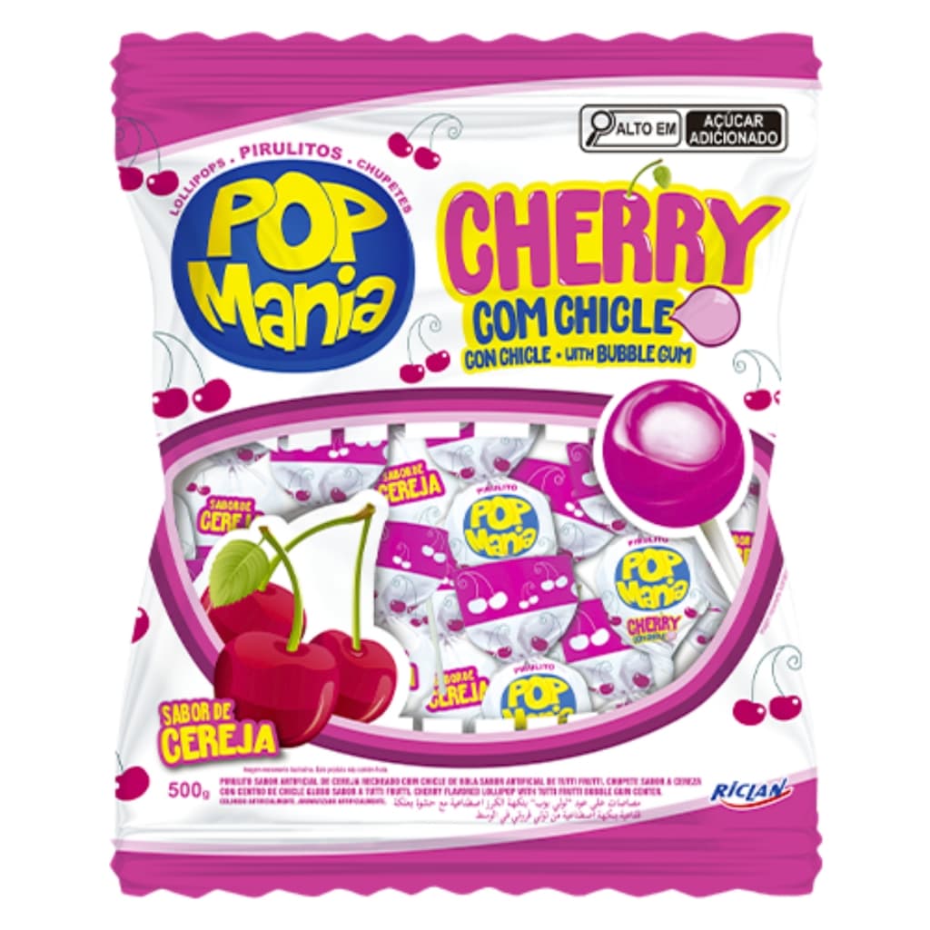 Pirulito Pop Mania Cherry Com Recheio Chiclete Cereja 500g Riclan