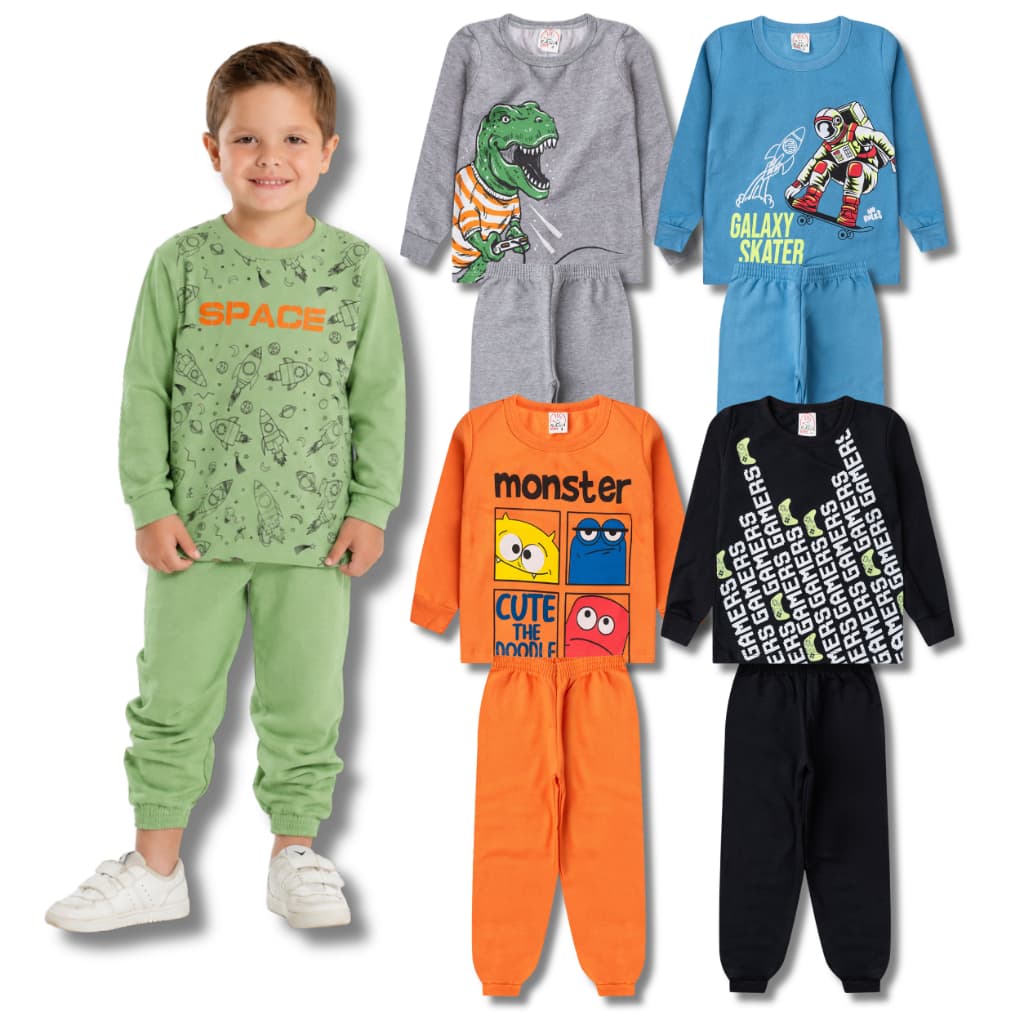 Kit 4 Peças Moletom Masculino Infantil Inverno - Kit 2 Conjuntos Moletom - 2 Casacos + 2 Calças