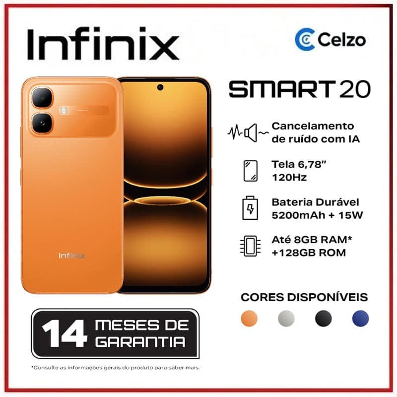 Smartphone Infinix Smart 20 128 GB+4 GB Bateria 5200 mAh Redução de Ruído por Voz Laranja Solar