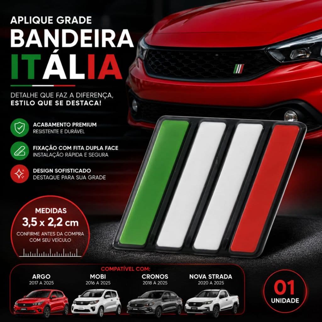 Emblema Aplique Grade Bandeira Itália Argo Cronos Mobi Nova Strada 2021