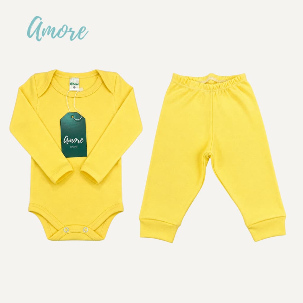 Conjunto Body Manga Longa Amore Amarelo e Calça Amarela 100% Algodão