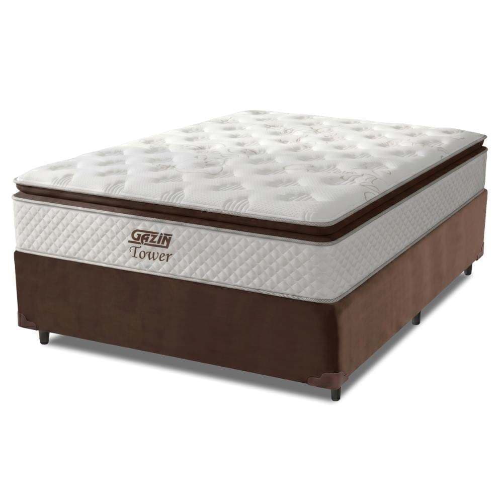 Cama Box Queen Colchão De Molas Ensacadas Tower Gazin 158x198x72cm Branco / Marrom