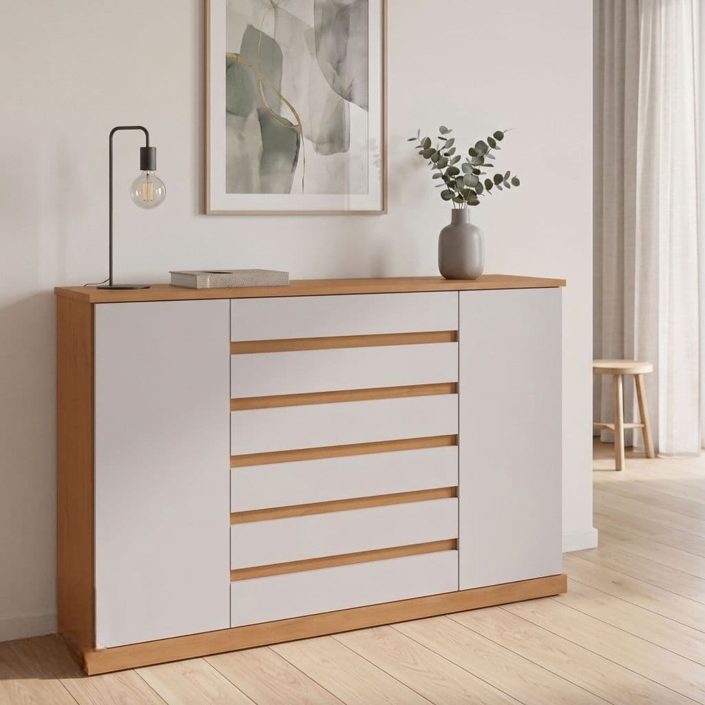 Comoda Vedra 7 Gavetas 2 Portas Amendoa Clean/Off White