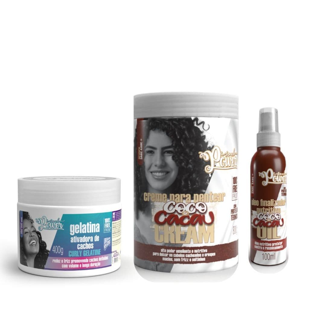 Kit Creme para Pentear Coco e Cacau 800g + Gelatina Curly Gelatine + Óleo de Coco Soul Power