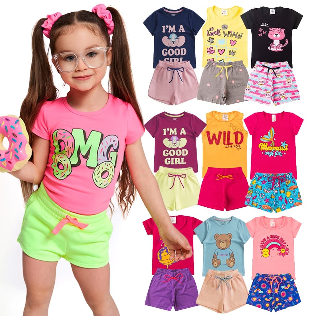 Kit Sortido 2, 4 ou 10 Peças Roupa Infantil Menina Conjunto Verão Algodão Feminino Tamanho 1 ao 14