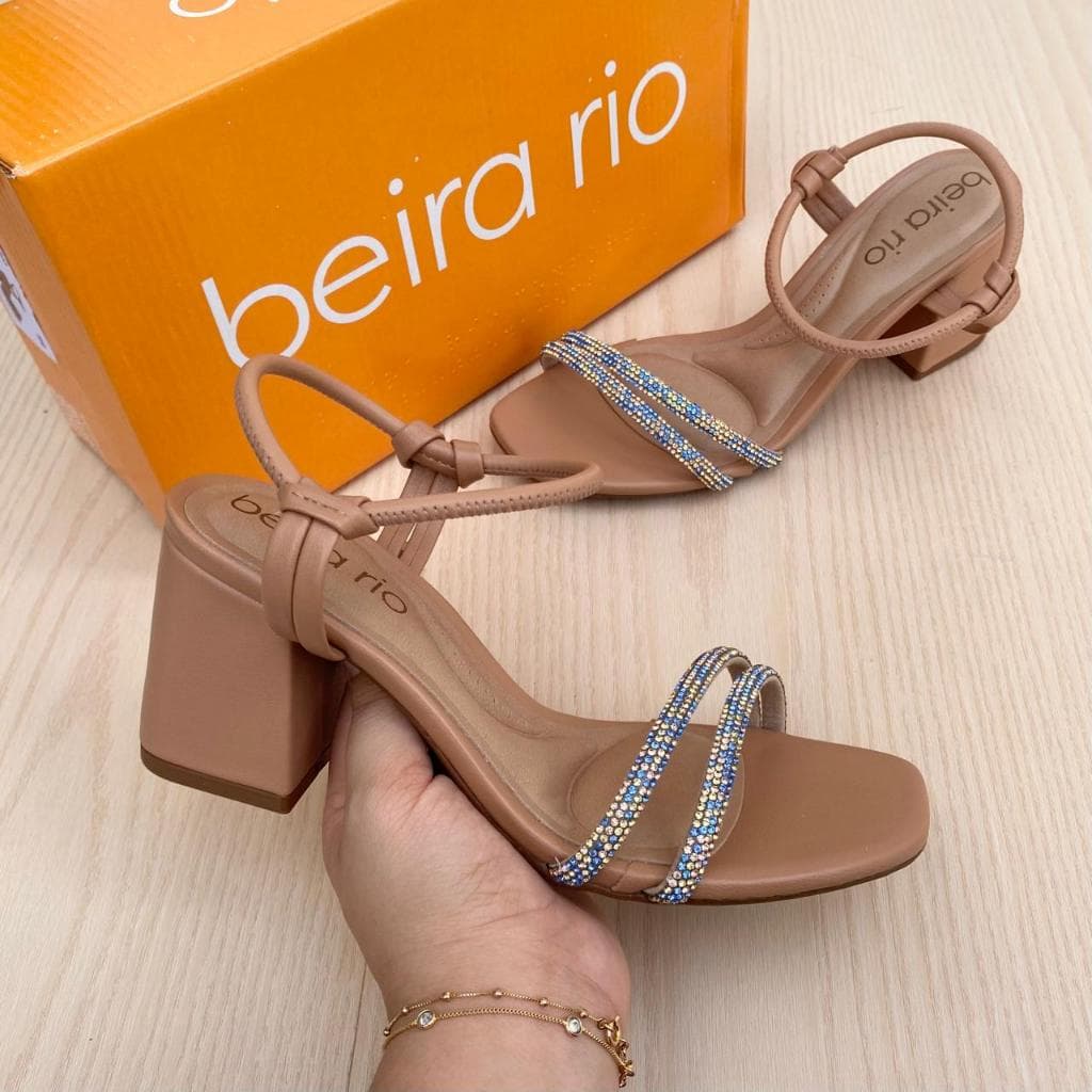 Salto Sandália Feminino Beira Rio Strass Confortável Casual Moda Brilho Salto Grosso