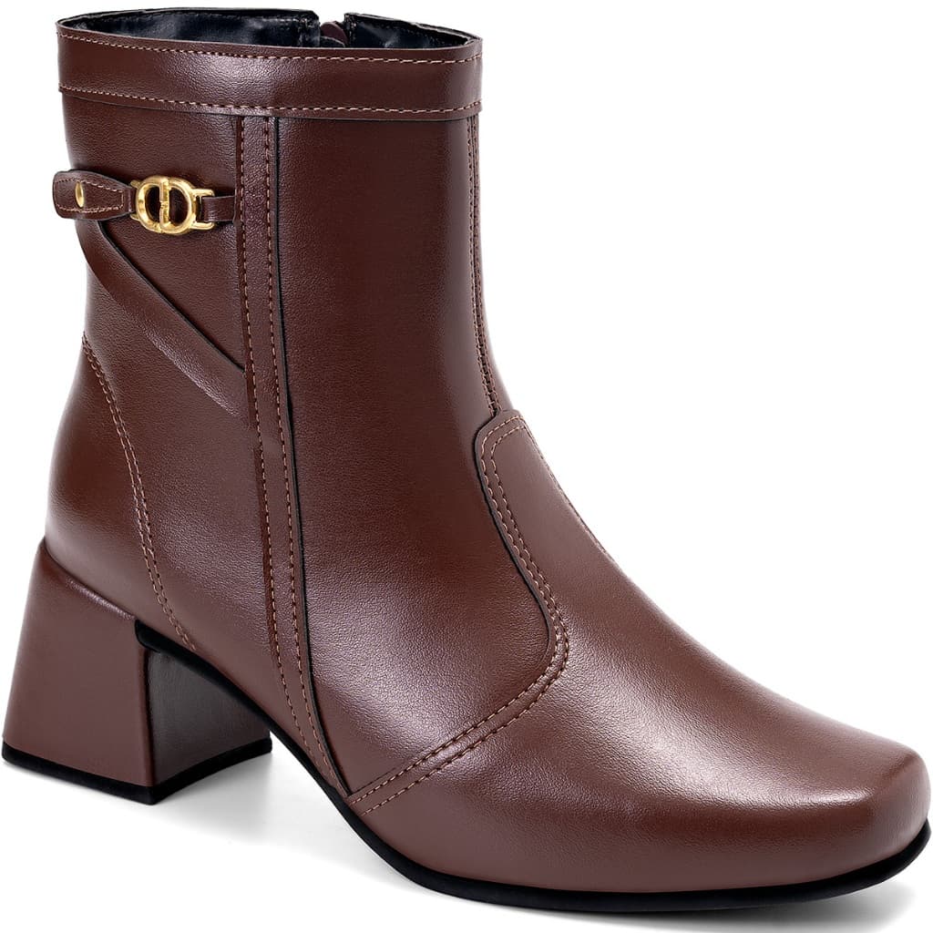 Bota Feminina Lumiss Detalhe Metal Cano Curto Salto Bloco Baixo Marrom