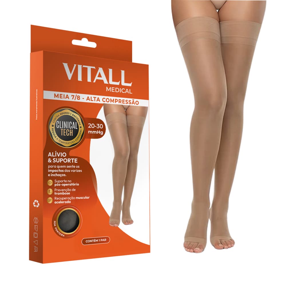 Meia Vitall Medical 7/8 Sem Ponteira Alta Compressão Varizes Inchaço Pós Cirurgia Anvisa