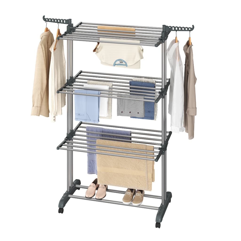SONGMICS Varal de chão dobrável em aço INOX, 4 níveis com asas, móvel, para uso interno e externo, cinza