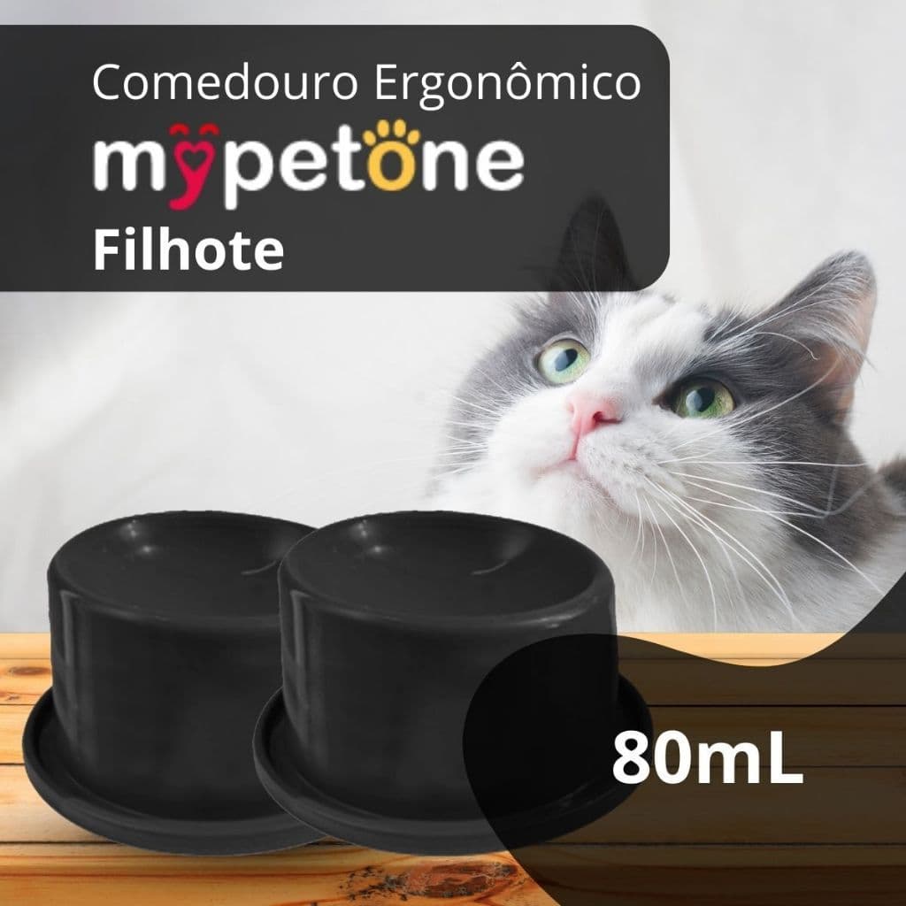 2 Comedouro Gato Filhote Ergonômico 80ml Mypetone Preto