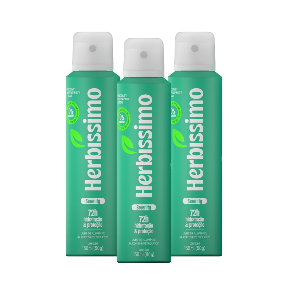 Kit Desodorante Antitranspirante Aerossol Zero Alumínio Herbíssimo Serenity 150ml (3 unidades)