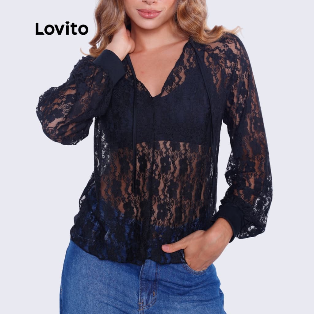 Lovito Blusa Manga Longa Boho Feminina de Renda BLB19381968