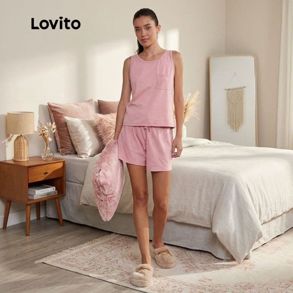 Lovito Pijama Feminino Rosa Menina Fofo Curto Sem Mangas Moda Feminina Liso PJB15841614