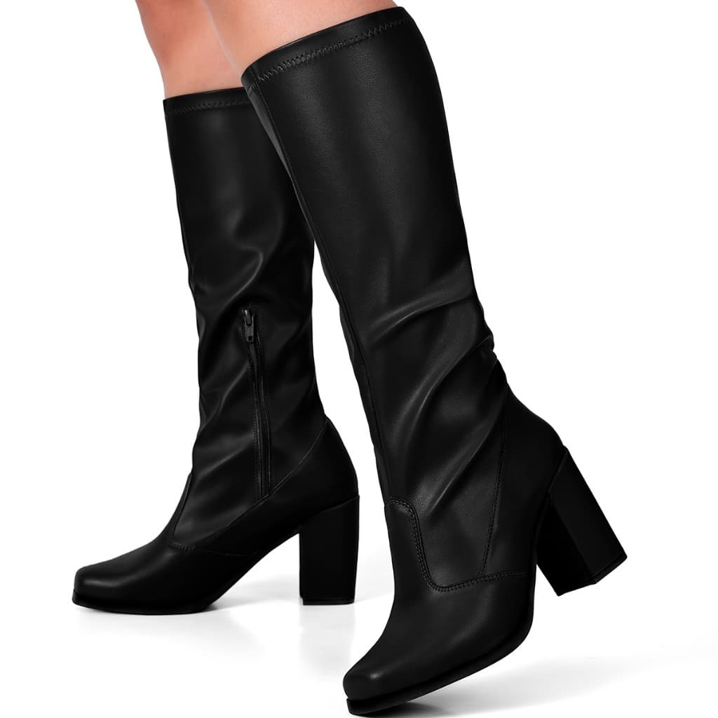 Bota Feminina Lumiss Cano Longo Salto Alto Bloco Confortável Stretch Montaria Bico Quadrado