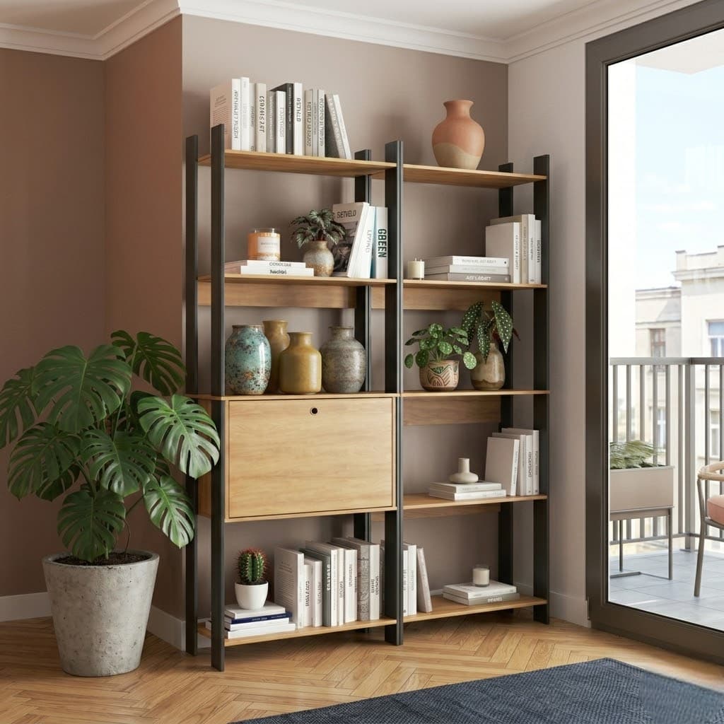 Kit 2 Estantes para Livros 1 Porta 10 Prateleiras Estilo Industrial Lâmina Mel/Preto - BRV Móveis