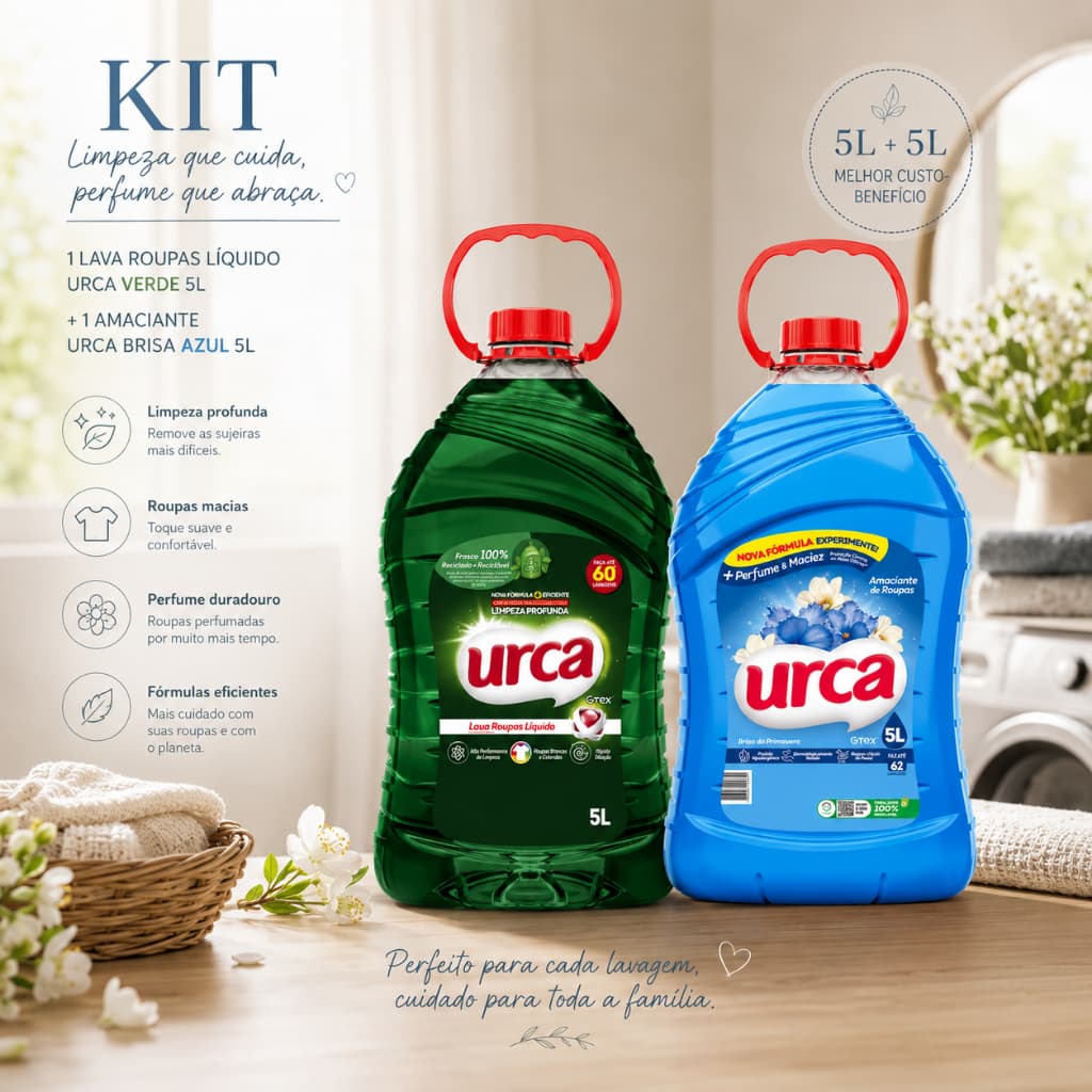 Kit 1 LAVA ROUPAS LIQUIDO URCA VERDE-5L + 1 AMACIANTE URCA BRISA AZUL-5L