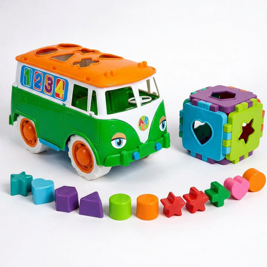 Kit Educativo Carrinho Kombi + Cubo | 3 Cores | Acompanha 12 Peças de Encaixar | Meninos +12meses | INMETRO | QUEEN SHOP