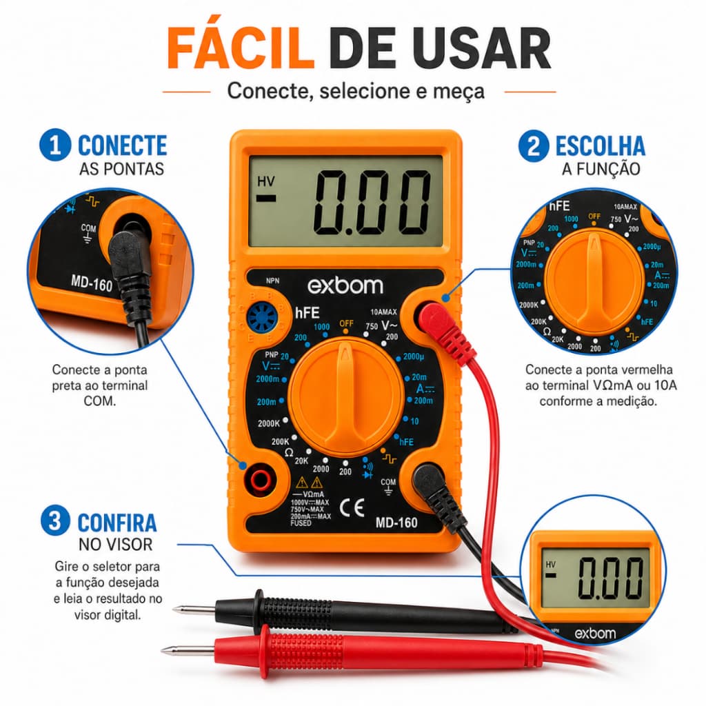 Multímetro Digital Exbom MD-160 Voltímetro Amperímetro Ohmímetro Profissional Testador Elétrico Teste Tensão AC DC