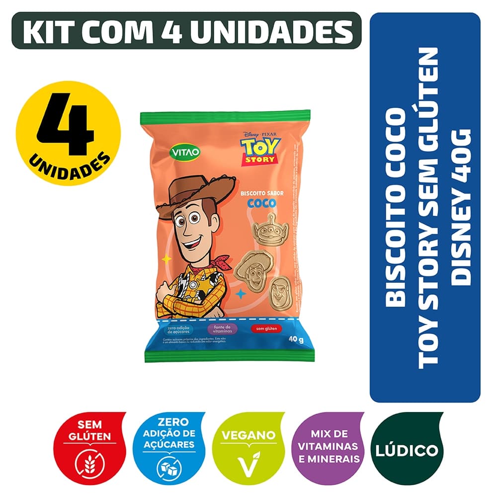 Biscoito Coco Toy Story Sem Glúten Vegano Disney 40g - Kit 4 unidades