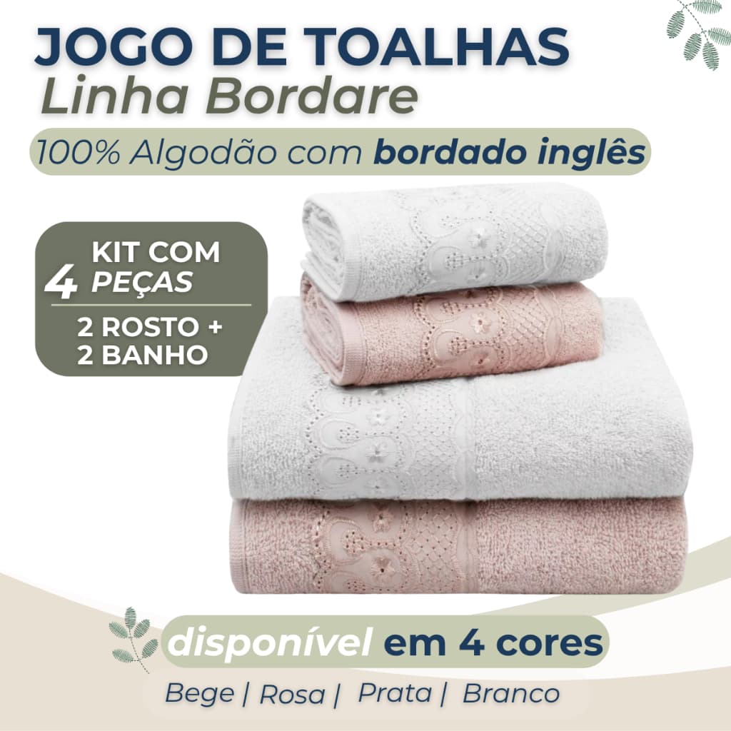 Kit 4 Toalhas de Banho e Rosto 100% Algodão Fio Retorcido Barra Bordada Superluxo Bordare Appel