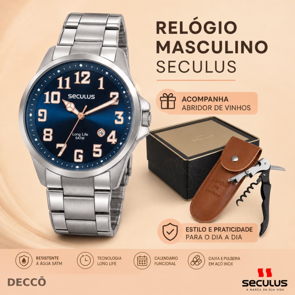 Relógio 46MM Masculino Seculus Analógico Em Aço Prata Mostrador Azul Resistente à Água 5 ATM Com Abridor De Vinho