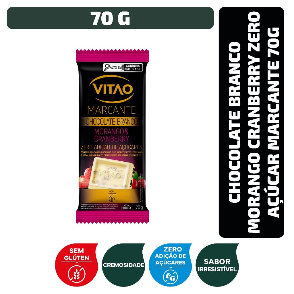 Chocolate Branco Morango Cranberry Zero Açúcar Marcante 70 g