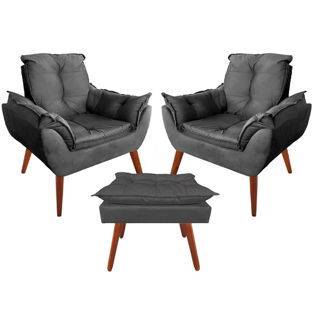 02 Poltronas Cadeira Elegante + Puff Confortável Para Escritório - Decore Lar