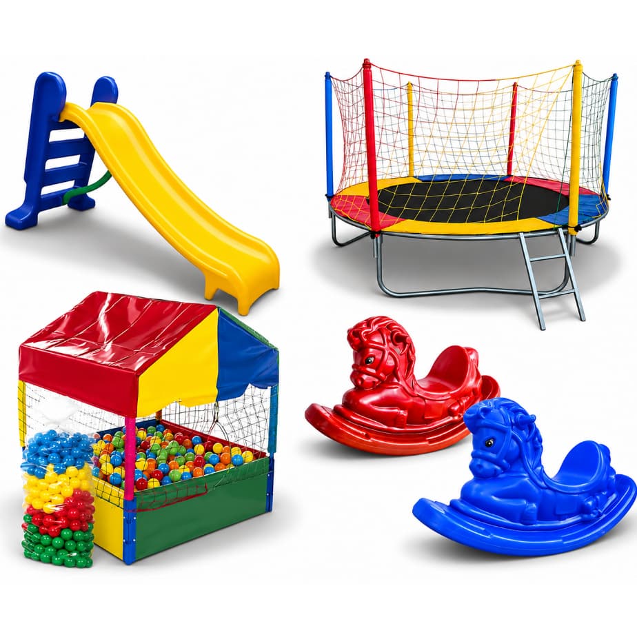 Kit Cama Elástica 2,30m + Piscina Quadrada 1,00m + 500 Bolinhas + Escorregador Médio + 2 Gangorras P