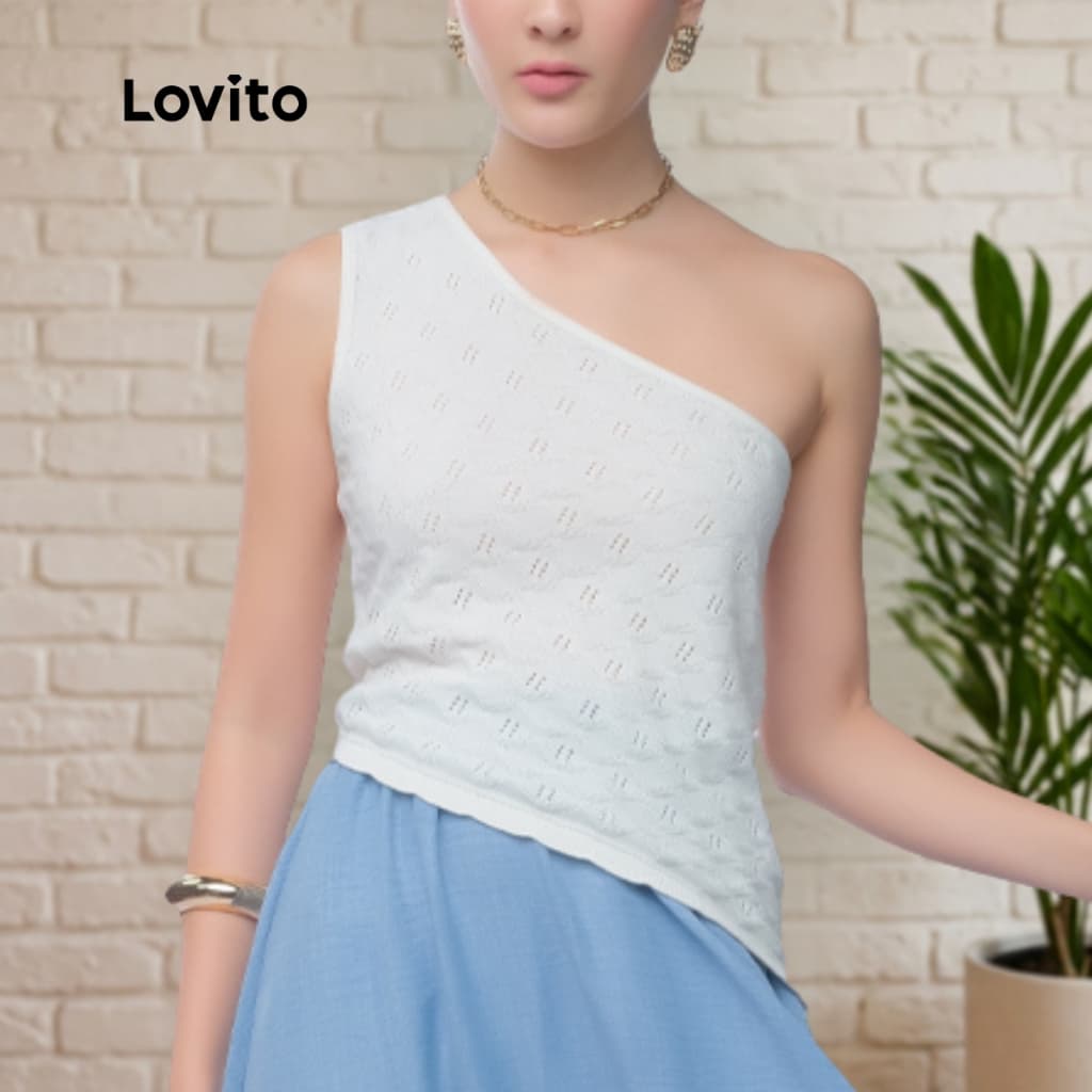 Lovito Top Um Ombro Só Branco Tricot Texturizado Barra Assimetrica Liso Feminino BRKTB806BRL836