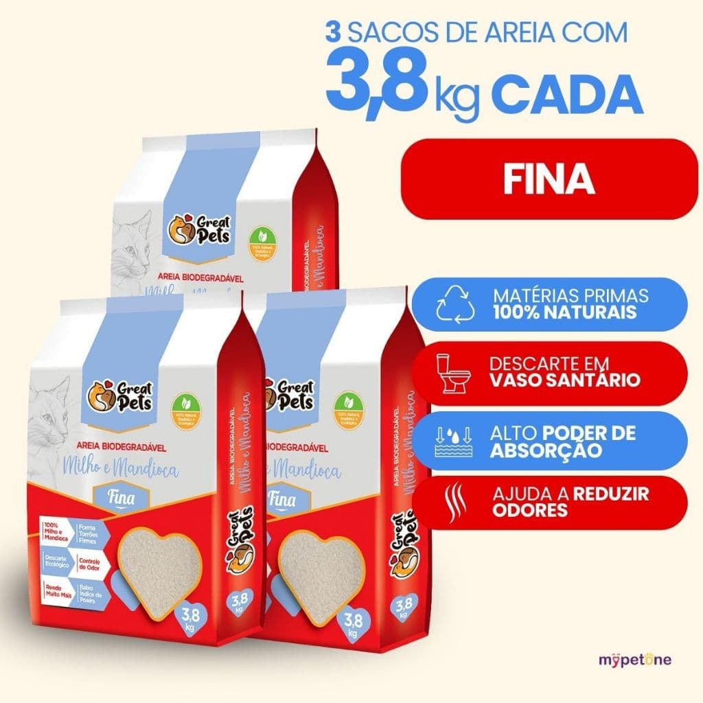 Kit 3 Areia Biodegradável Fina 3,8 Kg  para Gatos - Great Pets