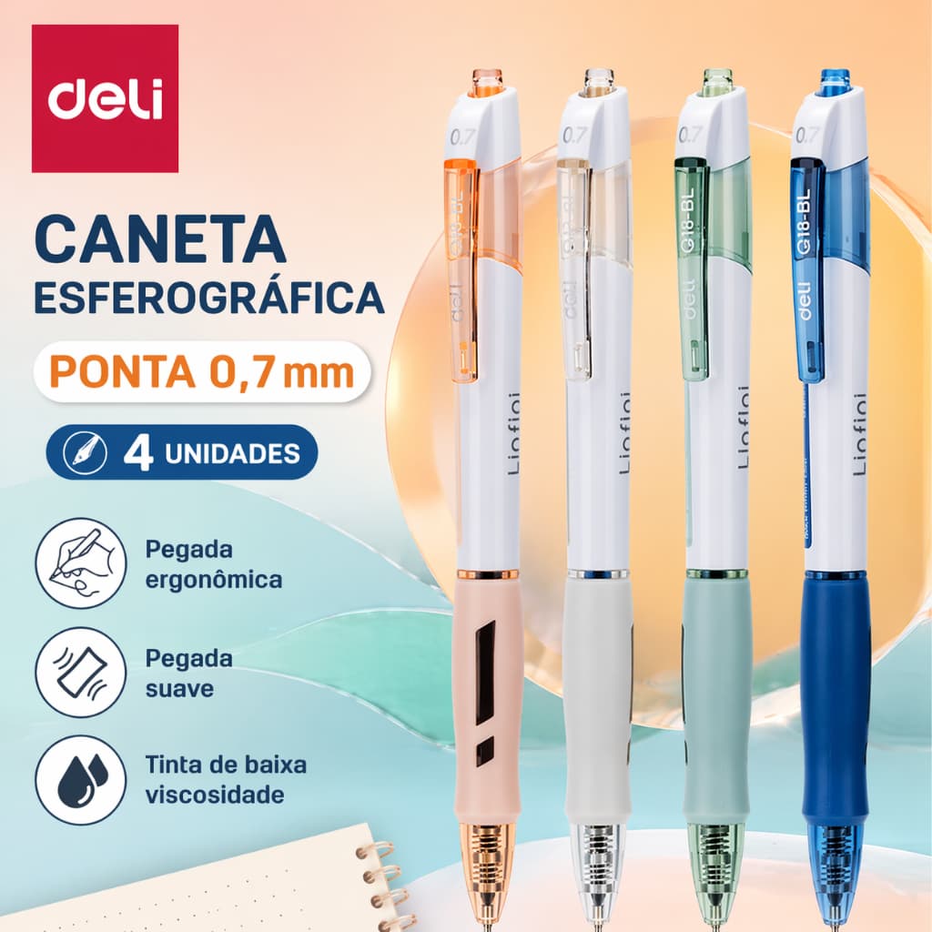Kit 4 Caneta Deli 0.7mm Tinta Azul Pegada Confortável Escrita Macia Escritório Escolar