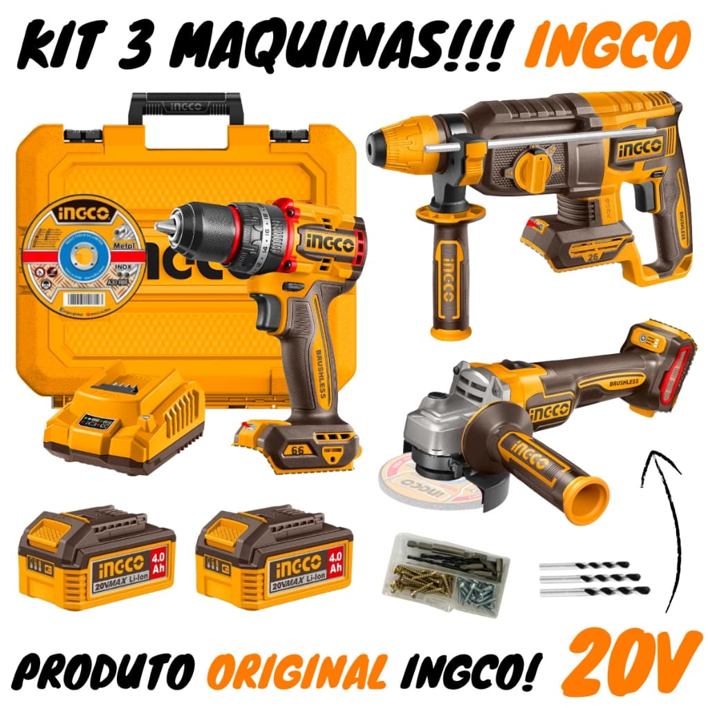 Kit Combo Parafusadeira + Esmerilhadeira + Martelete SdS Plus 20v (CKLI202598-9) Ingco