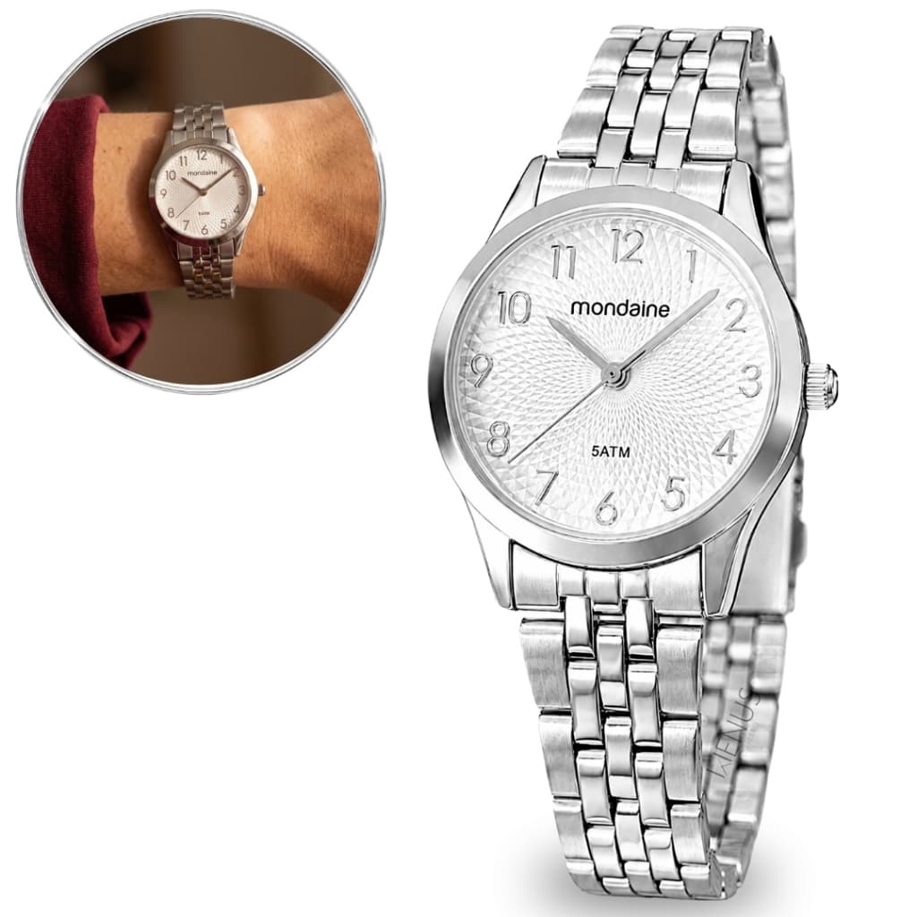 Relógio Mondaine Feminino De Pulso Analógico Pequeno Prateado Com Pulseira Em Aço Inox A Prova Dágua 50 Metros Original