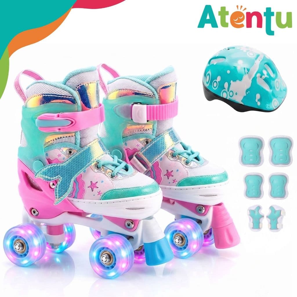 Patins Infantil Quad 4 Rodas Sereia Tamanho Ajustável Com Kit Proteção Completo Menina