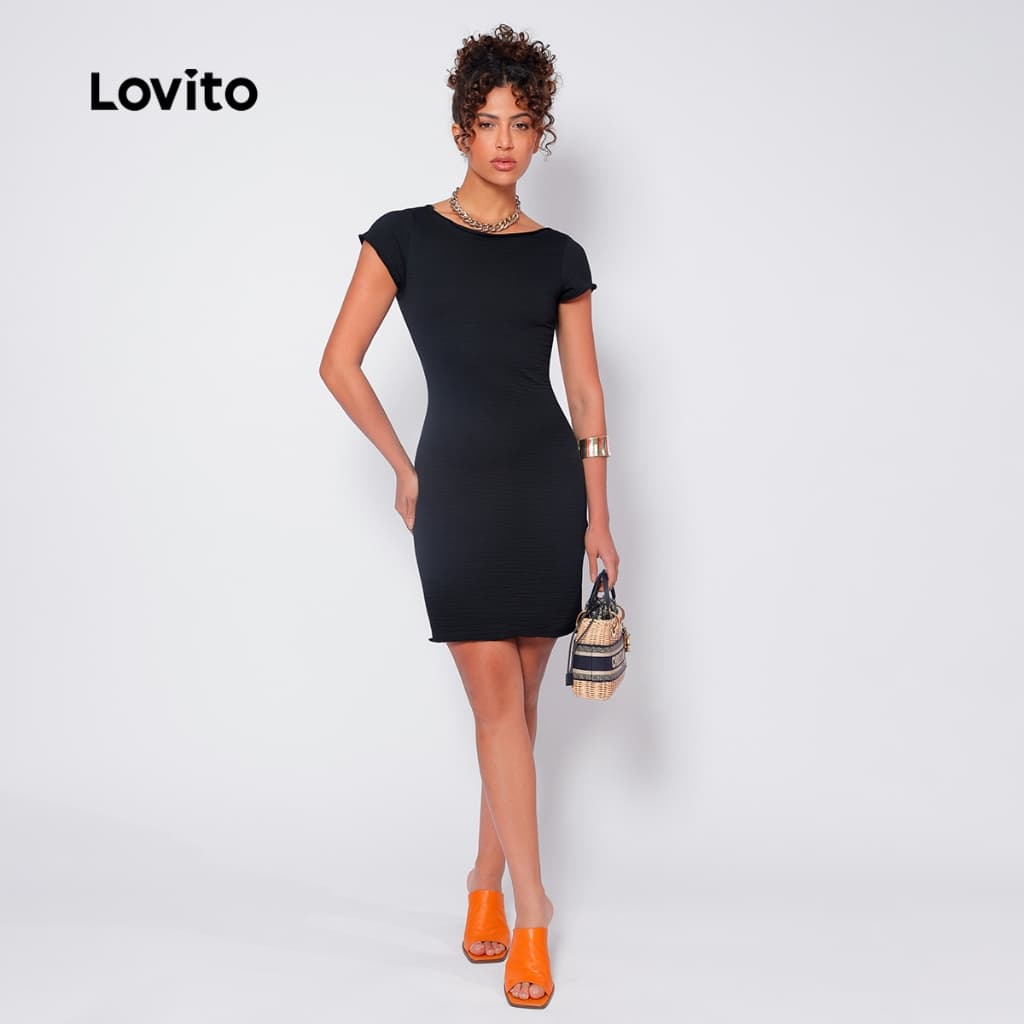 Lovito Vestido Curto Manga E Saia Com Friso DRB559BRL589