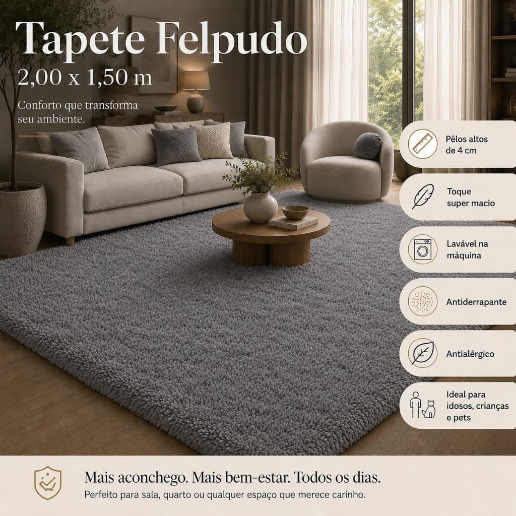 Tapete Felpudo 2,00x1,50 Peludo 4cm Antiderrapante Lavável Sala Quarto Shaggy Macio Cinza