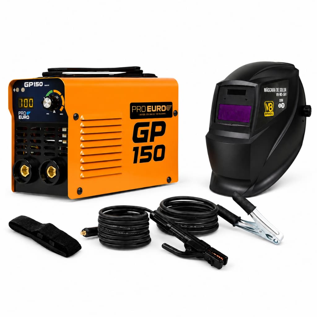 Kit Máquina de Solda Inversora GP150 Bivolt MMA TIG Lift Pró Euro com Máscara Automática SR1 V8 Brasil