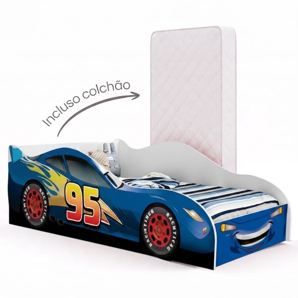 Cama Infantil Mini Formato Carro Temática Personagens para Meninos Adesivada em MDF Resistente Acompanha Colchão - AV