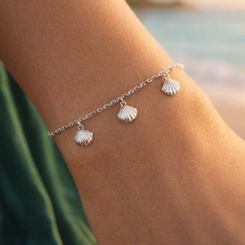 Pulseira Conchas em Prata 925 Pulseira Feminina Estilo Praia Delicada